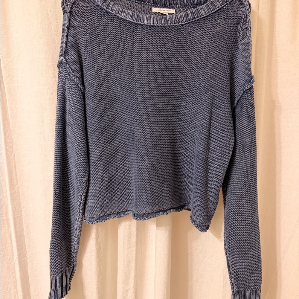 American Eagle Outfitters Dusty Blue Cropped Crewneck Sweater